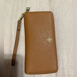 Tory Burch Tan Wristlet with Gold Logo